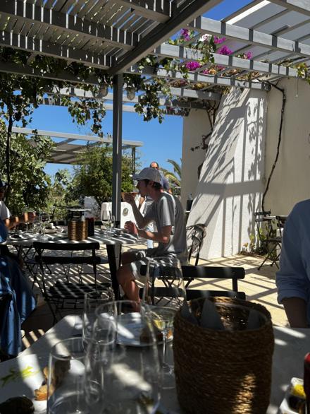 Wine glasses and a table in the dappled shade of a pergola, Santorini
