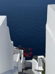 A gap between whitewashed walls opening onto the caldera water, bougainvillea on the steps