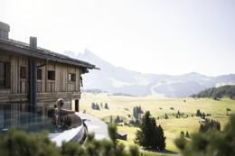 ADLER Lodge Alpe — outdoor edge pool, meadow stretching to Sassolungo