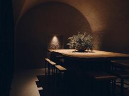 Forestis Dolomites — moody vault bar/dining nook with single lit table and plant centerpiece
