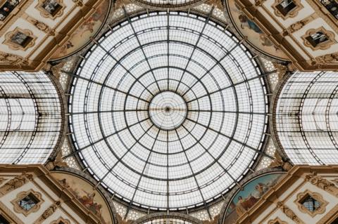 The iron-and-glass dome of the Galleria, seen from below