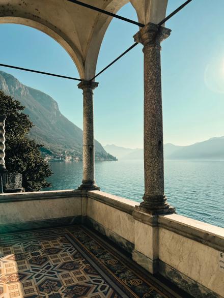 Villa Monastero patterned-tile terrace overlooking Lake Como, Varenna