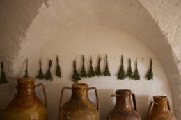 Masseria Potenti — cellar of amphorae and drying herbs