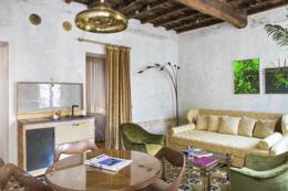 G-Rough — suite with gold velvet sofa, brass dome pendant, vintage Italian furniture