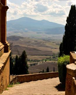 La Bandita Townhouse — view from stone steps over Val d'Orcia hills