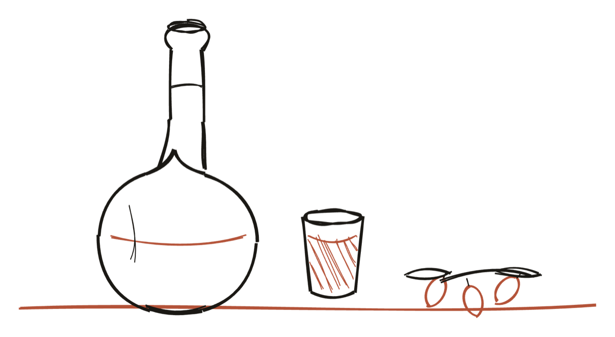 A hand-drawn Cretan raki carafe with a glass and olives