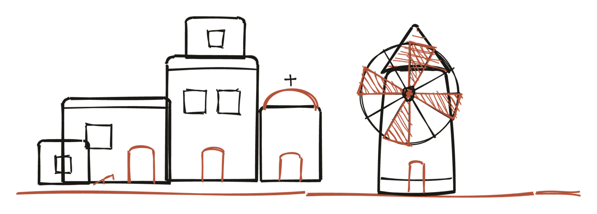 A hand-drawn cluster of Cycladic cube houses with a round windmill