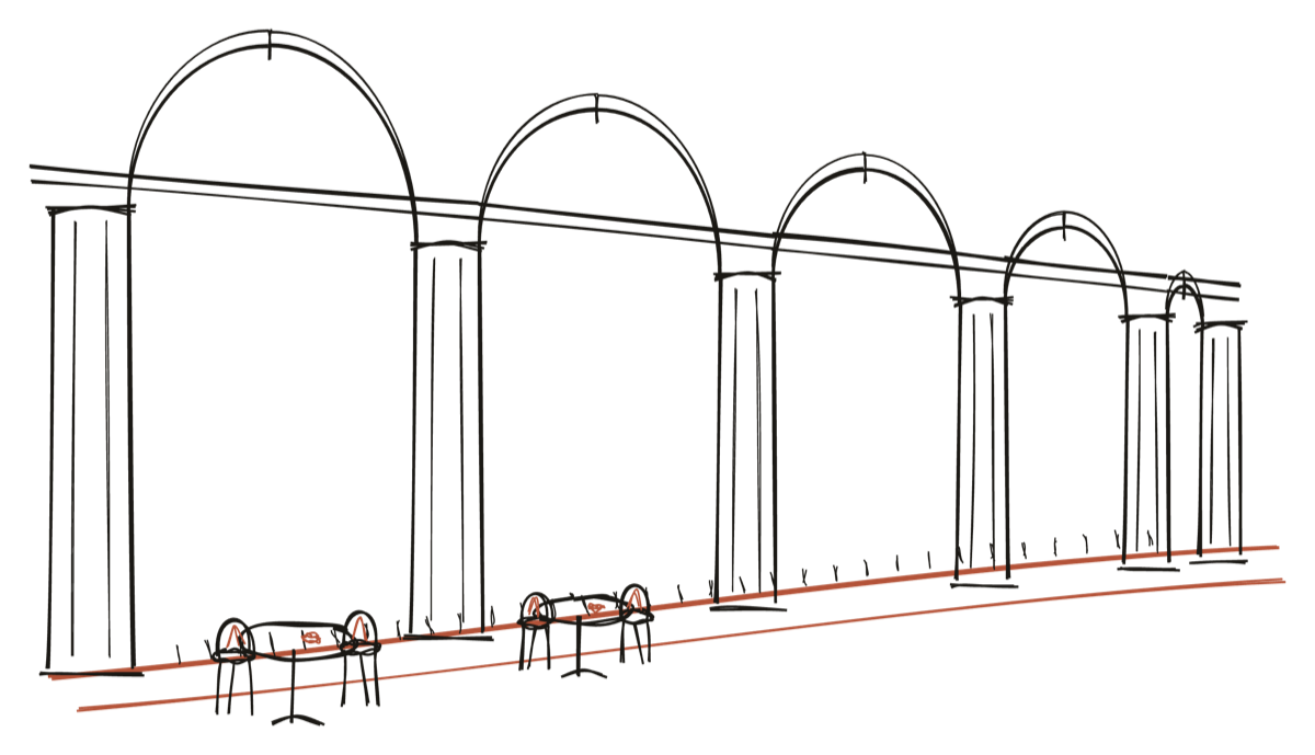 A hand-drawn view of the Liston colonnade in Corfu