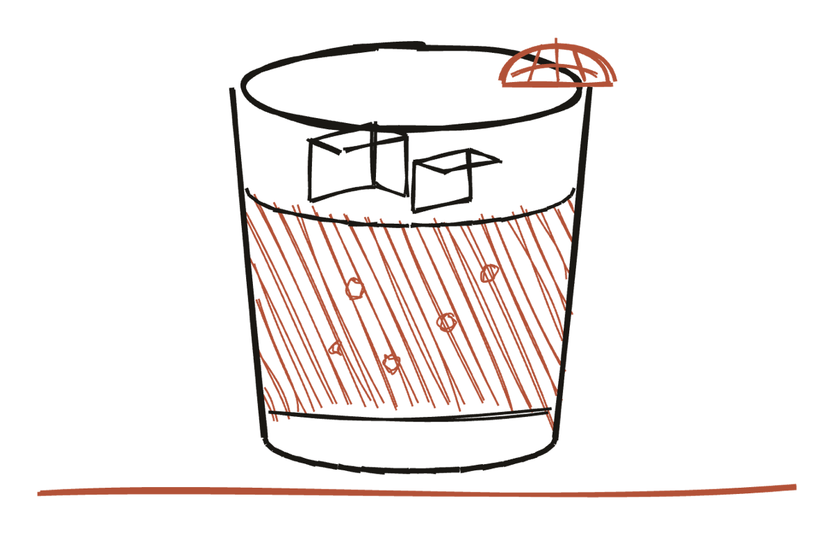 A hand-drawn Milanese aperitivo — a Negroni on the rocks with an orange slice