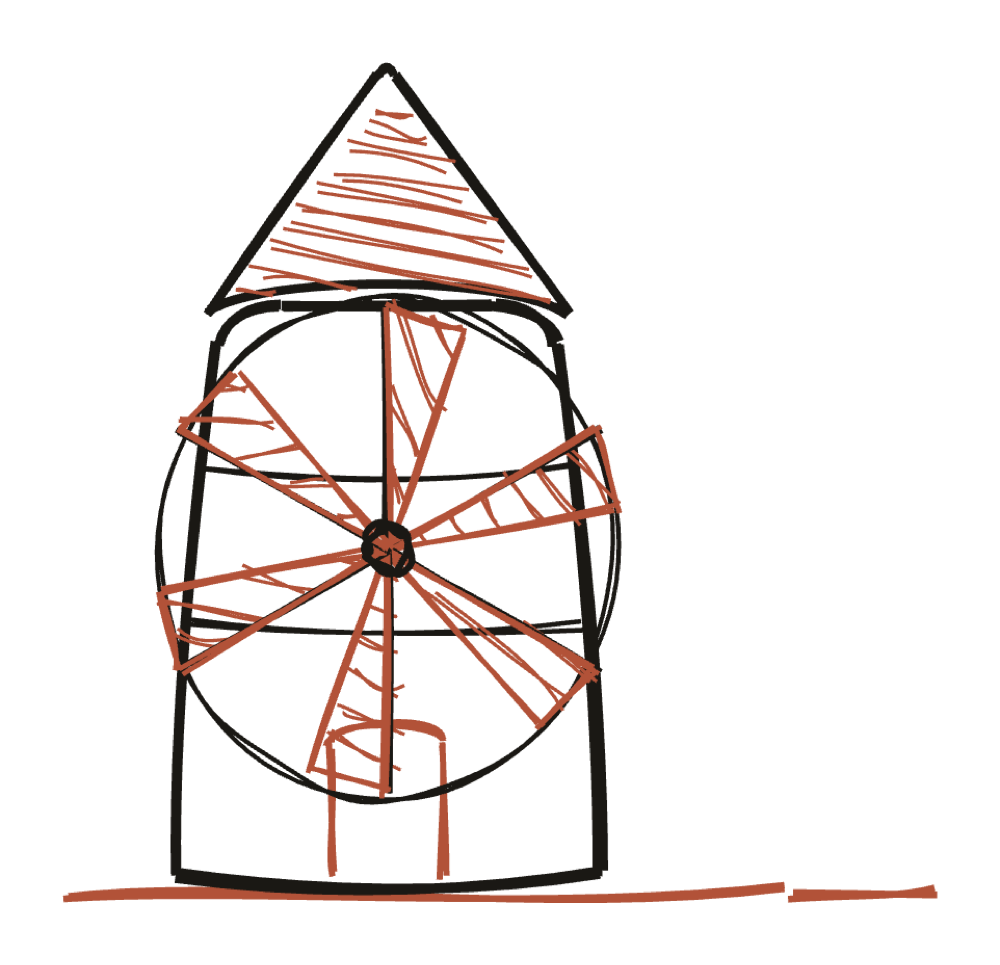 A hand-drawn Mykonos windmill — the round, conical-roofed Kato Mili windmill