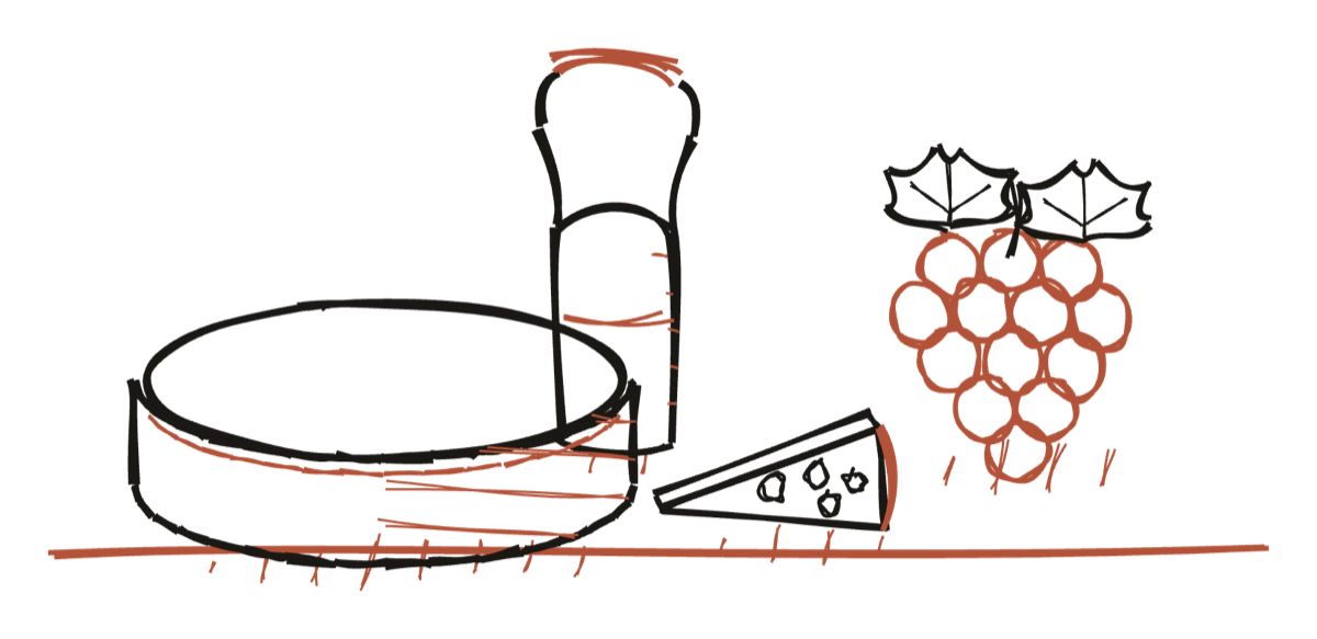 A hand-drawn Naxos larder — a wheel of graviera, a bottle, a wedge of cheese and a bunch of grapes