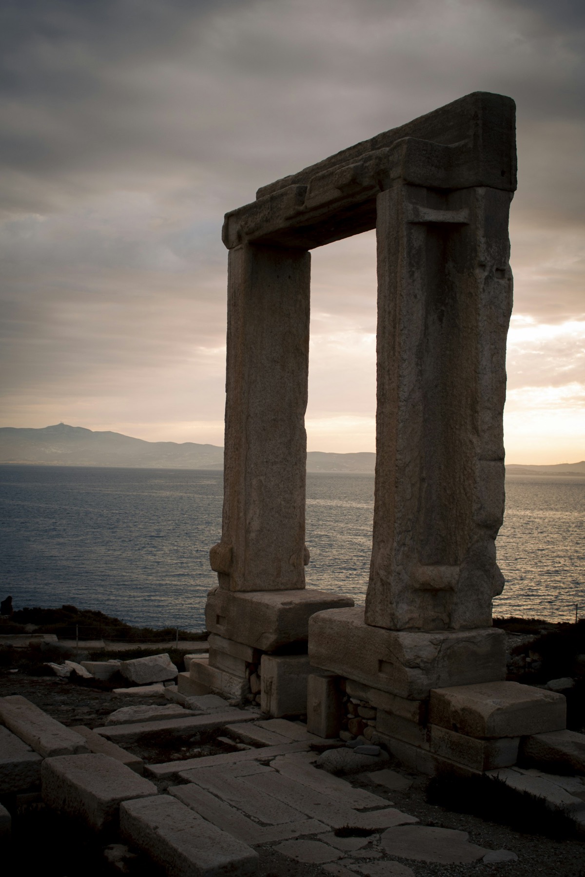 The marble Portara gateway silhouetted at sunset, Naxos