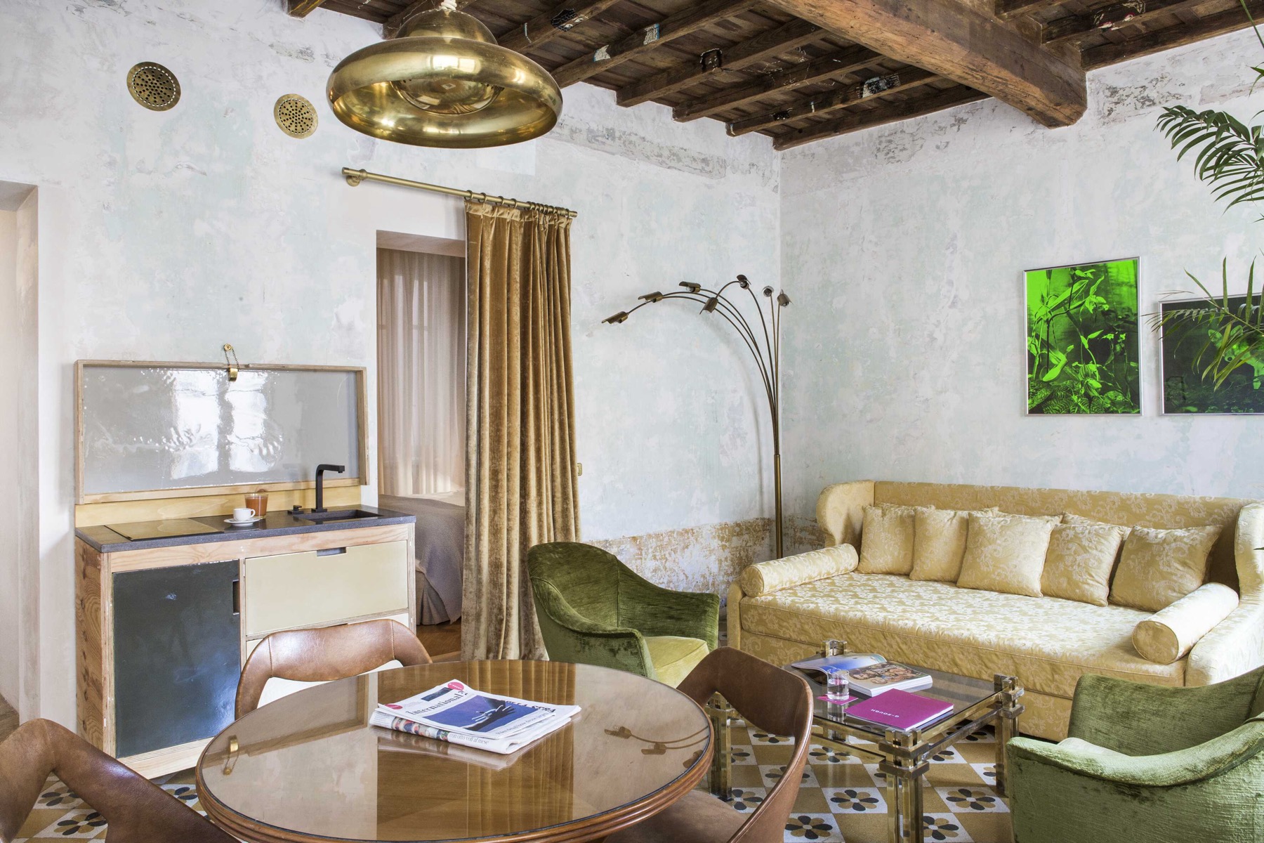G-Rough — suite with gold velvet sofa, brass dome pendant, vintage Italian furniture